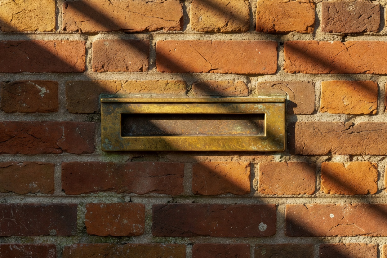 Close-up of a weathered brass post slot set into warm brick with late afternoon diagonal shadow
